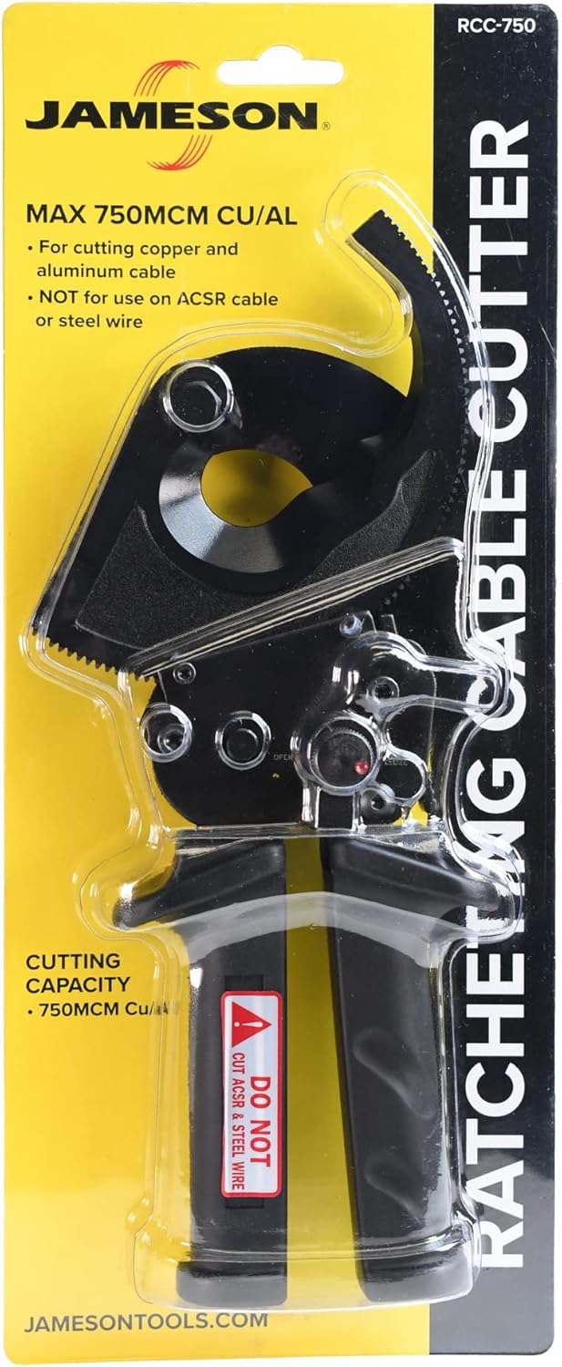 Jameson Ratcheting Cable Cutter | Heavy Duty Industrial Strength | Rated for 750MCM Copper and Aluminum Cables